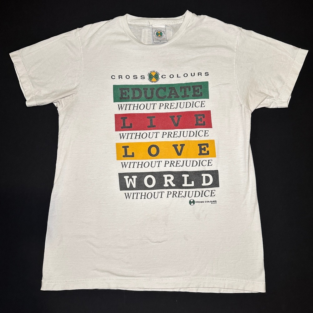 Cross Colours T-Shirt Mens Medium Educate Live Love‎ World Missing Person Tag